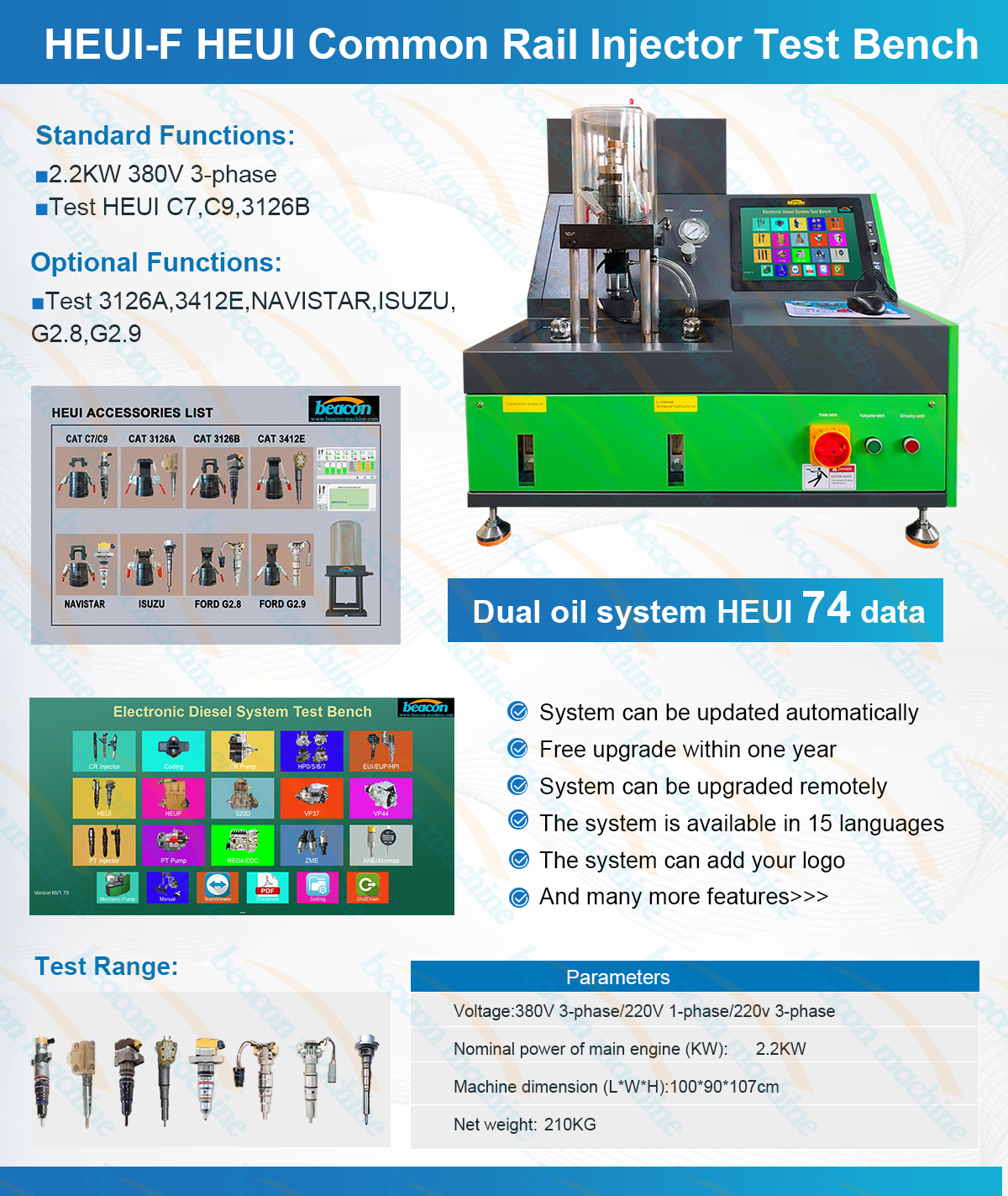 This machine HEUI-F is specifically used for testing CAT medium pressure common rail injectors C7 C9 C-9 3126B injectors
